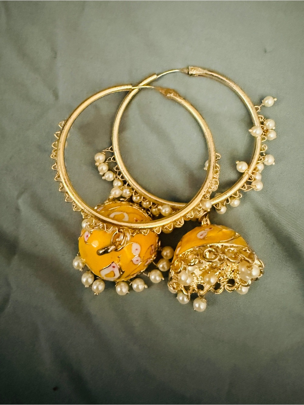 Gold Hoop Jhumka Earrings with Yellow Enamel and Pearl Accents